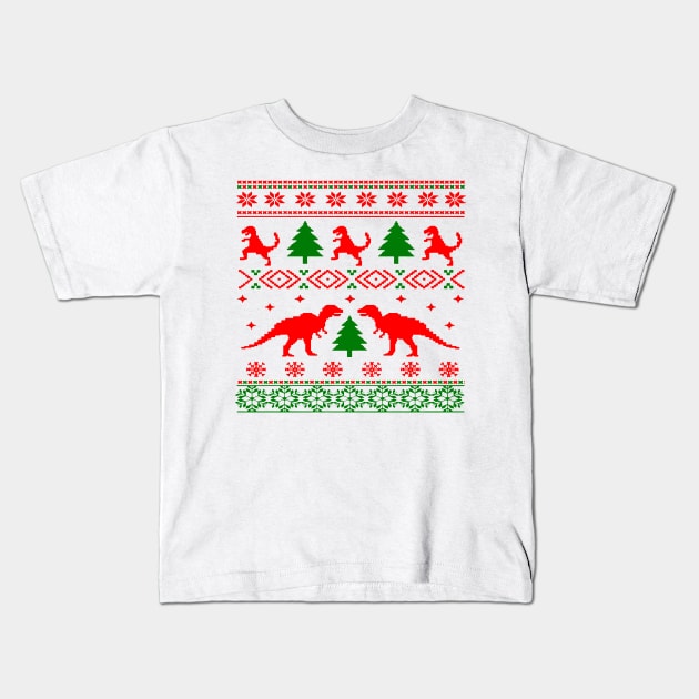 Christmas Ugly Sweater Pattern Dinosaurs Kids T-Shirt by Closeddoor